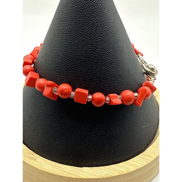 Red Coral Beaded Stretch Bracelet With Magnetic Clasp & Clear Accent Beads - Picture 6 of 6